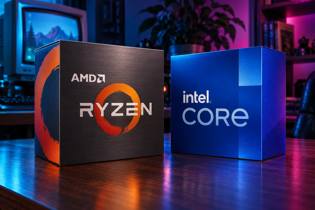 AMD Ryzen and Intel Core family packaging on a retro desk with cyan and magenta lighting